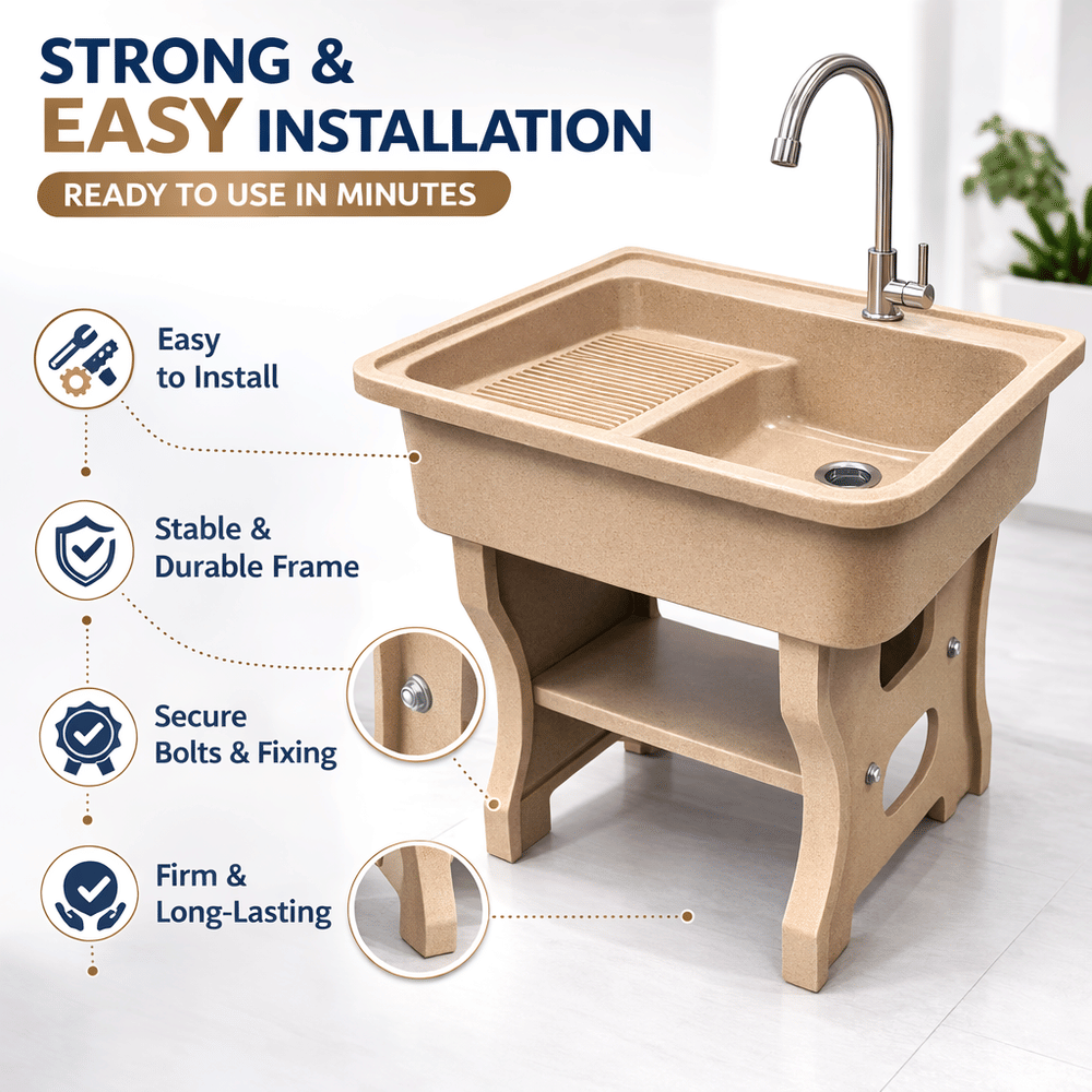 อ่างล้างจานขาตั้ง หินควอตซ์ 1 หลุม 1 ที่พัก DINOSAUR WASHTUB ขนาด 80X70X23ซม. สี SAND